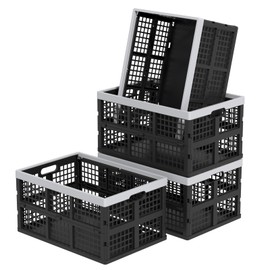 Minekkyes Plastic Collapsible Milk Crates, Collapsible Storage Bins, Foldable Baskets, 42 Liters, Pack of 4 in Black
