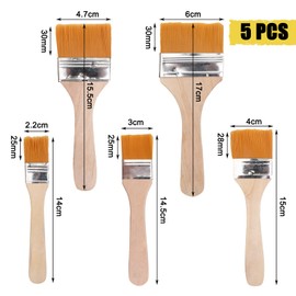Set of 5 paint brushes, flat brush set, 5 pieces, paint brush, flat brush, glaze brush, wood exterior, flat brush with wooden handle, brush set, for art colours, painting supplies, painting