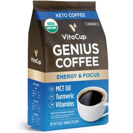 VitaCup Organic Genius Ground Keto Coffee, Increase Energy & Focus w/MCT Oil, Turmeric, B Vitamins, D3, USDA Organic Ground Coffee Medium Dark Roast, Bold & Smooth, 100% Arabica Coffee Grounds, 10 oz