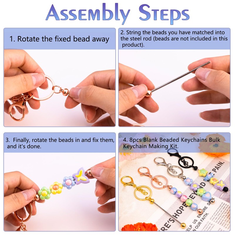 SUDIKUB Beadable Keychains Bulk 8pcs Blank Keychain Making Kit Keychains