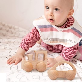 Promise Babe Wooden Rattle Push Car Toys Set Infant Wooden rattles Interesting Toys 2 Pc Baby Vehicle Toys Hand Push Cars Montessori Natural Wood Toys for Newborn Best Gift