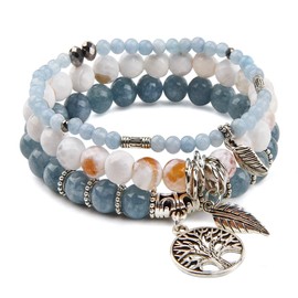 SVNXI Beaded Bracelets for Women, Healing Stone Crystal Bracelets Tree of Life Yoga Stretch Bracelet Set, Jewelry Birthday Gifts for Women, 7 inches, Stone (Aquamarine)