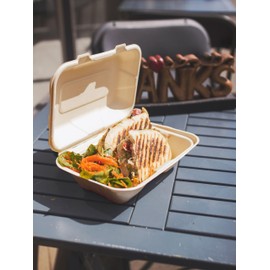 Vegware Compostable 9"x6" Clamshell To Go Containers, Case of 250, Reclaimed Natural Fiber, For Cold or Hot Food, Large Take Out Sandwich Box, Tree-Free, Doesn't Trap Condensation