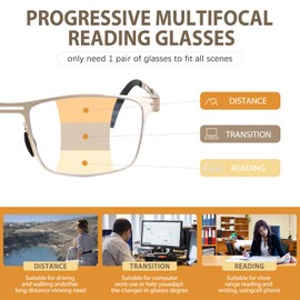 K.LAVER Photochromic Progressive Reading Glasses Multifocus Anti-blue Light Men's Computer Metal Women's Reading Glasses