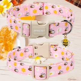 ARING PET Summer Dog Collar-Cute Pink Bees Dog Collars, Adjustable Bees&Daisy Print Pet Collars Puppy Collar with Quick Release Buckle