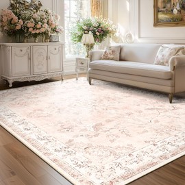 RELEANY Area Rug 8x10, Vintage Floral Distress Print Pattern, Washable Non-Slip Low-Pile Indoor Carpet for Bedroom, Living Room, Dining Room & Entryway, Warm Light Pink