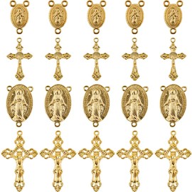 SUNNYCLUE 1 Box of 40 Pieces 4 Styles Golden Rosary Pendant Rosary Cross Pendant Easter Crucifix Oval Chandelier Connectors Holiday Connectors for Jewellery Making Pendant