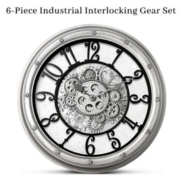 Wall Clock with Moving Gears, Vintage Industrial 16-Inch Silent Non-Ticking Steampunk Timepiece, Retro Frame Analog Battery Operated Rustic Mechanical Decor for Living Room, Home, Office, Loft(Sliver)