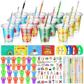 Hsei 222 Pcs Back to School Gifts for Kids Welcome to School Stationery Set with Cups Cards Pencils Stickers Erasers Stamper Sharpener for Boy Girl Student Classroom Reward Prizes Goodie Exchange Gift