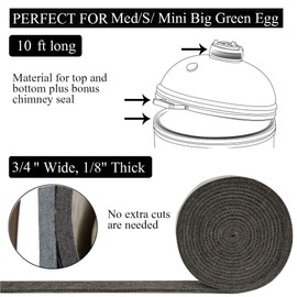 KAMaster High Temp Grill Gasket Replacement Fit Medium/Small/Mini Big Green Egg BBQ Smoker Gasket Pre-Shrunk Accessories Self Stick Felt 10ft Long, 3/4" Wide, 1/8" Thick