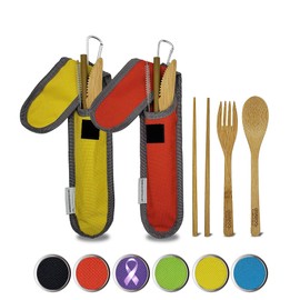 Travel Utensils with Case Set Fork, Knife, Spoon, Chopsticks, Straw, Straw-cleaning brush, Travel Pouch and Carabiner, Excellent For Everyday Use! ((2 Sets) Sunset Red/Sunrise Yellow)