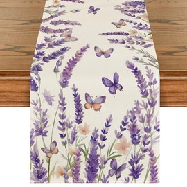 Artoid Mode Purple Lavender Floral Butterflies Spring Table Runner, Seasonal Summer Kitchen Dining Table Decoration for Home Party Decor 13x60 Inch