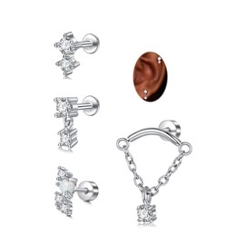 MODRSA Silver Cartilage Earring for Women Hypoallergenic Flat Back Earrings Threadless Helix Earring Tragus Conch Studs 6mm Cartilage Jewelry Flatback Surgical Steel Second Hole Earrings for Women