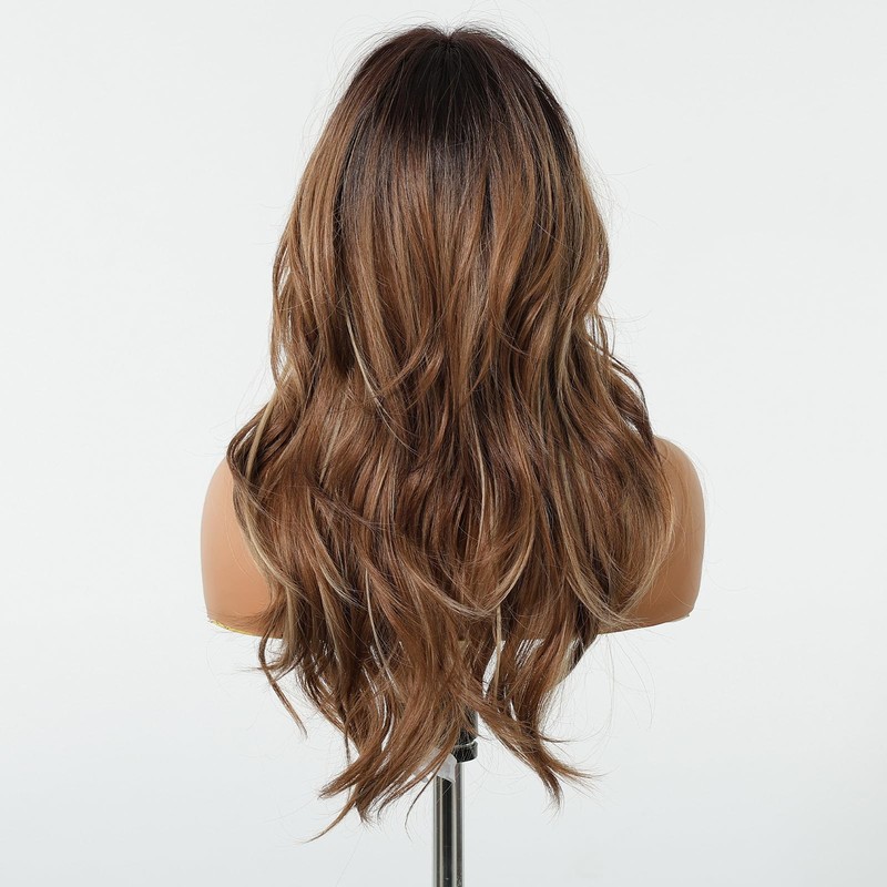 Rovizère Long Wavy Wig with Bangs, Light Brown Ombre Synthetic