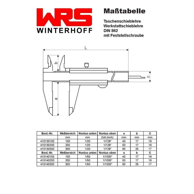WRS Prez Vernier Calliper with Locking Screw, DIN 862, Rustproof,