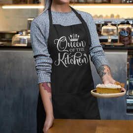 SANDJEST Apron for Women Queen Of The Kitchen - Baking Cooking Aprons with Pockets for Mom Grandma Girlfriend Wife - Aprons Gift for Birthday Christmas