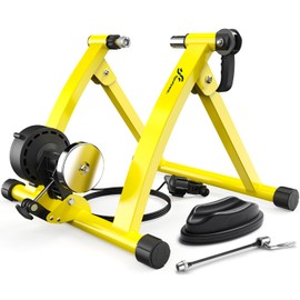 Sportneer Bike Trainer - Magnetic Stationary Bike Stand for 26-28" & 700C Wheels - Adjustable 6 Level Resistance Indoor Bike Trainer Stand with Quick Release Lever & Front Wheel Riser Block - Yellow