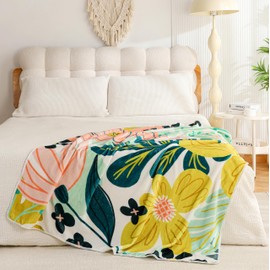 Boho Floral Flannel Fleece Throw Blanket – Soft, Warm & Lightweight Fuzzy Blanket for Couch, Bed, or Sofa Decor, Cute Botanical Design for Men Women & Girls, 50''x60'', Pink Green
