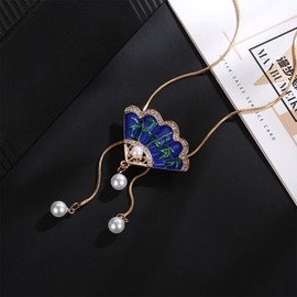 Wendalern Long Pearl Pendant Necklace Elegant Pearl Fan Y Shaped Necklace Vintage Gold Y Lariat Necklace Sweater Chain Statement Necklace Fashion Jewellery for Women Girls