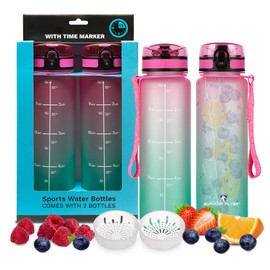 Survivor Filter 1L Sports Water Bottle with Time Markings - Pink Cotton Candy - BPA-Free - 2 x 33oz