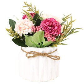 SUPNIU Ramo de hortensias artificiales con pequeño jarrón de cerámica de seda falsa variada, flores para decoración de mesa, hogar, fiesta, oficina, boda (blanco)