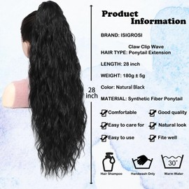 ISIGROSI Wave Ponytail Extension Claw In - 28 Inch Black Long Curly Black Natural Wave Pony Tail Synthetic Clip In Hairpiece Ponytail Hair Extension for Women Daily Use