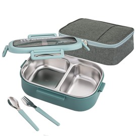 Lille Home - Lonchera bento de acero inoxidable de 828 ml, 2 compartimentos, control de porciones, con bolsa de almuerzo y juego de cubiertos, sin BPA