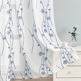 HOMEIDEAS Navy and White Sheer Curtains 52 X 84 Inches Length 2 Panels Blue Embroidered Wave Line with Spiral Pattern Faux Linen Semi Sheer Voile Window Drapes for Bedroom Living Room