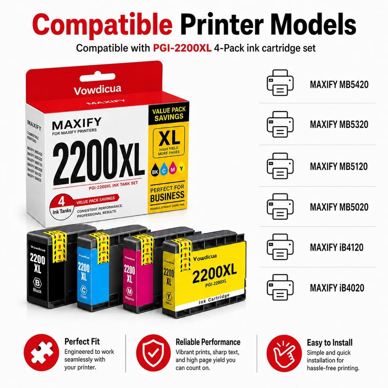 PGI-2200XL Ink Cartridge 4-Pack High Yield Replacement for Canon MAXIFY