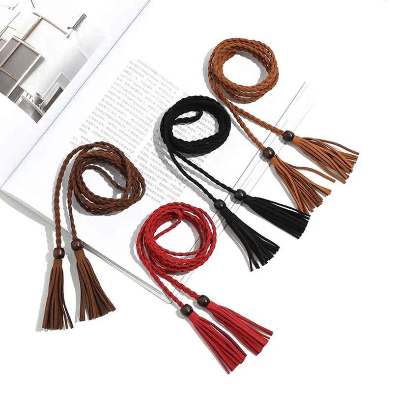 NUREINSS Women Tassel Braided Thin Waist Belt, black