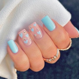 Pikabows Press on Nails Fake Medium Coffin Blue Nude Pink Heart Acrylic False Nail Tips Kit Glue on Nails for Women