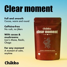Chikko Clear Moment Mushroom Coffee Latte Mix with Reishi, Lion’s Mane, Chaga, Maitake, Cacao & Maca – Smooth Plant-Based Coffee Alternative, 1×120g