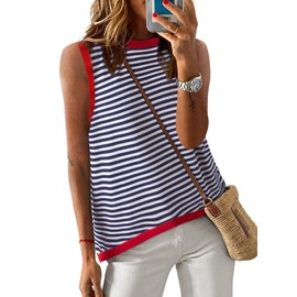Dokotoo Womens Ladies Tops Fashion Striped Summer Tank Top 2025 Casual High Neck Sleeveless Shirts for Women Knitted Cami Shirt Blouse Beach Vacation Clothes Dark Blue XX-Large