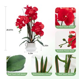 CXGS Artificial Orchid Flower Plant 20.9'' Realistic Latex Faux Orchids in Ceramic Vase Red Fake Phalaenopsis Flower Arrangement Orchids with Spotted Stems for Centerpiece Table Home Decor