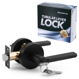 ANNFUZ Round Heavy Duty Entry Door Lever Handle Lock with Key for Office/Front Door,Entrance Interior Exterior Door Knob Hardware,Lockable,Not Keyed Alike,Reversible for Left/Right Side, Matte Black