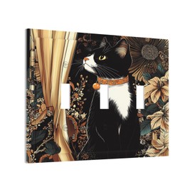 Donecmminery Decorative Switch Plates Boho Mandala Floral Black Cat Vintage Flower 3 Gang Wall Plate Triple Toggle Light Switch Cover Faceplate Electrical Wall Panels For Farmhouse Home Decor