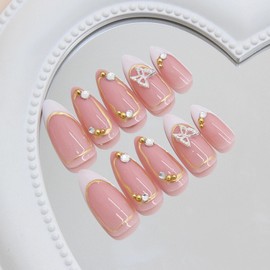 MISUD Press on Nails - Medium Almond Glue on Nails with White French Tip, Acrylic Gold Chrome Design 24 pcs