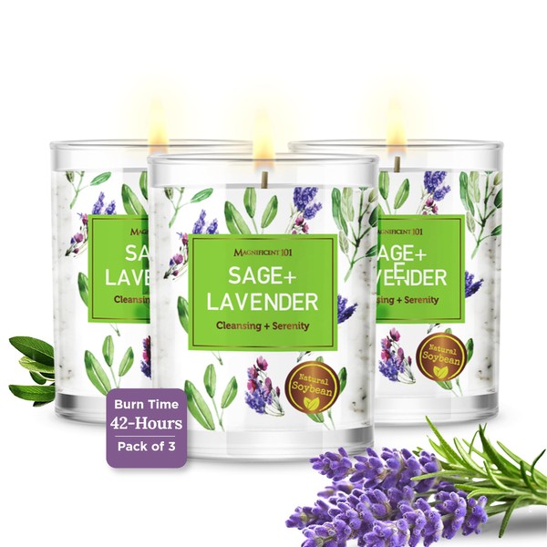 Magnificent 101 Pure Sage Set of 3 3.5 oz Lavender Smudge Manifestation Candles for House Energy Cleansing | Natural Soy Wax Candles | 42 Hour Burn Time | Chakra Healing & Banishing Negative Energy