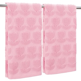AnyDesign 2Pcs Tulip Hand Towels Jacquard Cotton Bath Towel Spring Pink Floral Flower 3D Decorative Kitchen Dish Towel for Summer Home Bathroom Kitchen Decor Gift Set, 29.5 x 13.8 Inch