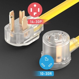 TOOLIOM Dryer Plug Adapter 3 Prong to 4 Prong Dryer Adapter NEMA 14-30P Male to 10-30R Female STW 10AWG 30Amp 250V With LED Power Indicator