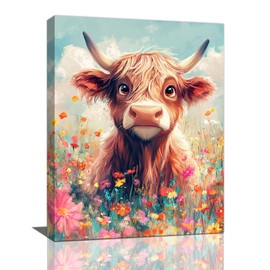 Highland Cow Wall Art Canvas Flower Cattle Wall Decor Prints Framed Painting Animal Pictures Gifts Artwork for Bathroom Living Dining Kitchen 12"x16"