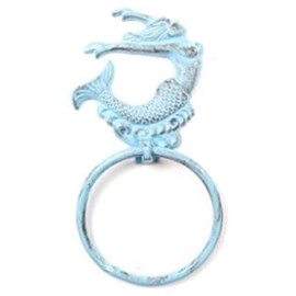 Handcrafted Nautical Decor Rustic Dark Blue Whitewashed Cast Iron Arching Mermaid Towel Holder 9" - Home W