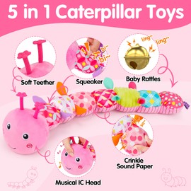 Baby Tummy Time Toy 0-6 Month Musical Stuffed Animal Plush Caterpillar Toy for Infant 6-12 Month Teething Sensory Toy with Crinkle Rattle for Babies 0-3-6 Month Newborn Toy for Boy Girl Birthday Gift