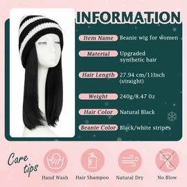 Benehair Beanie Wig for Women with Hair Attached 11'' Straight Synthetic Hair Extensions Knitted Hat Keep Warm in Winter Natural Black