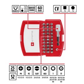Original Compatible with Einhell Bit Box 32 Pieces (30 x 25 mm Bits CrV, 60 mm Quick Change Bit Holder, Socket Adapter, Storage Box with Belt Clip, Transparent Lid)