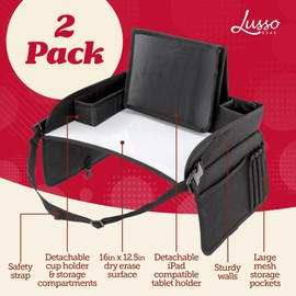 Lusso Gear Kids Travel Tray for Car (2 Pack) - Road Trip Essential for Kids - Must Have Car Seat Organizer for Toddlers - Lap Desk for Snacks and Toys - Car Accessories (Black)
