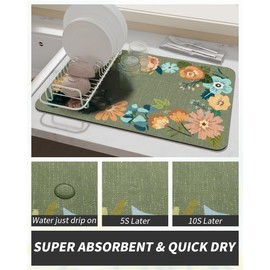 AMOAMI-Coffee Mat Hide Stain Rubber Backed Absorbent Dish Drying Mat for Kitchen Counter-Coffee Bar Accessories Fit Under Coffee Maker Coffee Machine Espresso Machine Dish Rack Floral GREEN 12X19