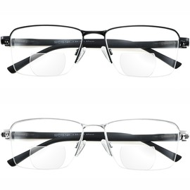 Bifocal Reading Glasses For Men,Half Frame Clear Top Bi Focal Readers See Near & Far,Wide Cheaters Multifocal Blue Light Computer Eyeyglasses Rectangle Non Prescription Multifocus Eyewear Plus +2.0