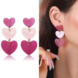 Aneneiceera Vintage Acrylic Pink Heart Earrings Triple Heart Dangle Earrings Love Heart Drop Earrings Enamel Heart Stud Earrings Jewellery for Women and Girls, Zinc