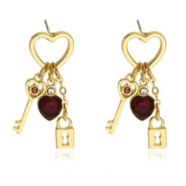 CZ Red Heart Key and Lock Drop Stud Earrings for Women Pink Birthstone Love Shaped Link Chain Dangle Studs Earring Dainty Wedding Anniversary Valentines Day Jewelry Gifts for Wife Lovers, Small,